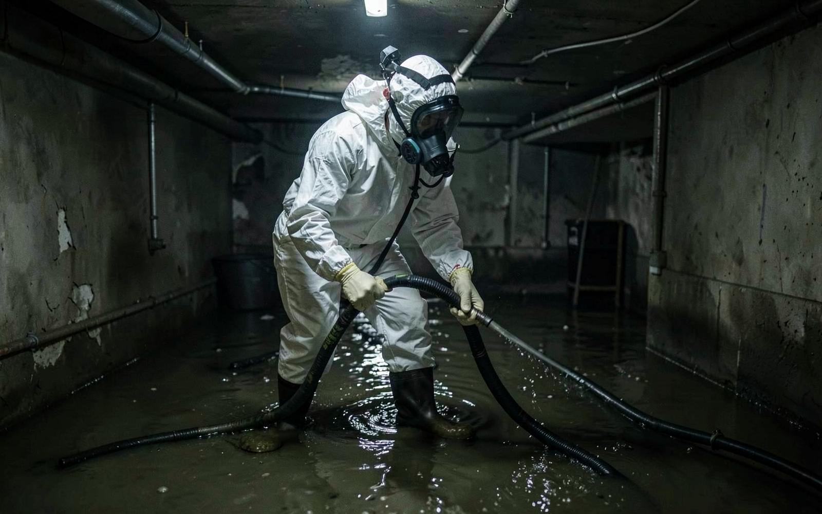 Technician in protective equipment handling contaminated water cleanup